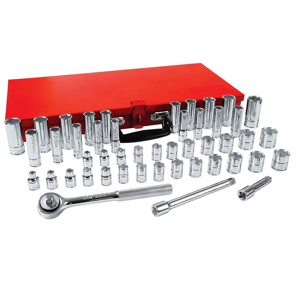 JUEGO DADOS Y ACCESORIOS 3/8" 6 PUNTAS PULGADAS Y MILIMETRICO (48PZAS) URREA 5200B