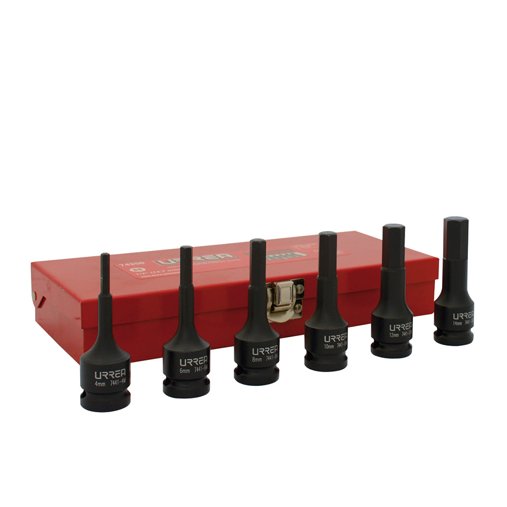 JUEGO DADOS PUNTA HEXAGONAL METRICOS 1/2" (6 PZAS) CAJA METALICA URREA 74250