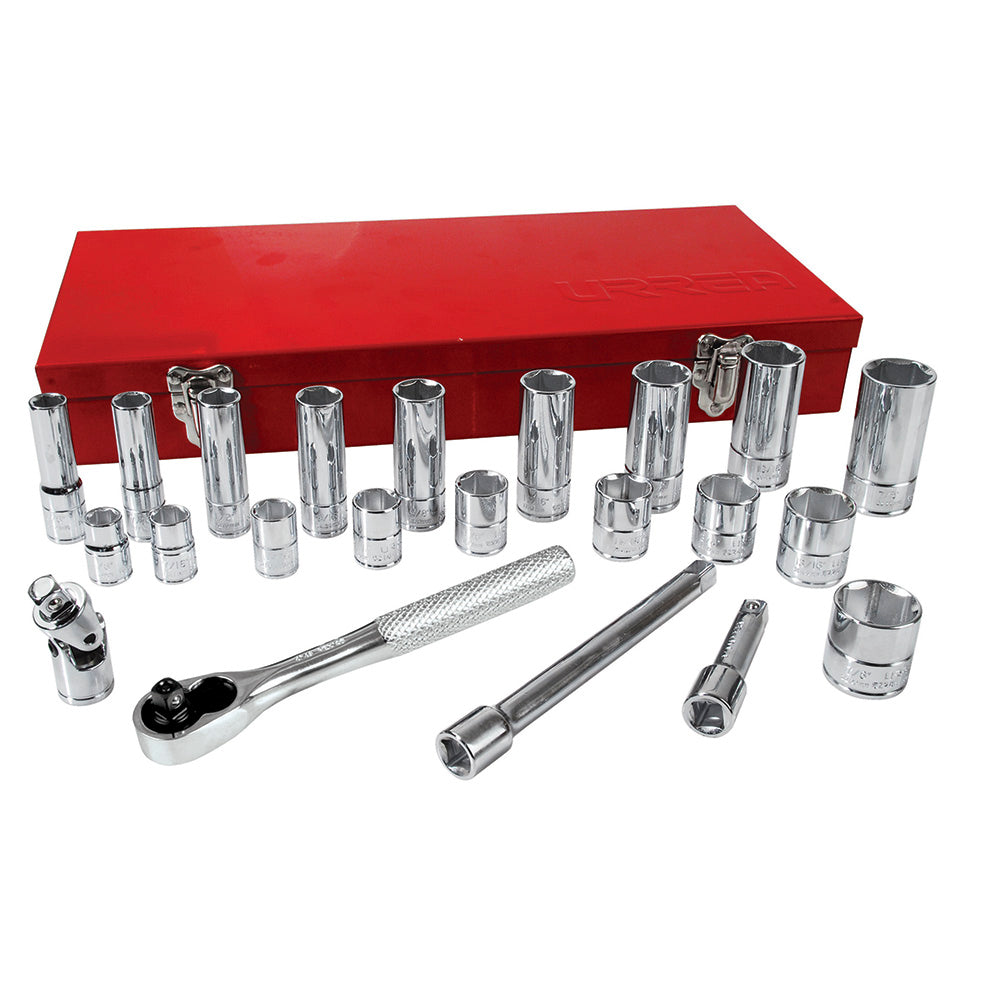 JUEGO DADOS Y ACCESORIOS 3/8" 6 PUNTAS LARGOS Y CORTOS PULGADAS (23PZAS) URREA 52134