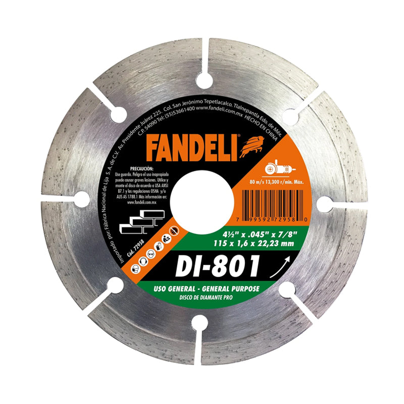 DISCO DIAMANTE SEGMENTADO 4-1/2" X 7/8 USO GENERAL DI-801 FANDELI 72958