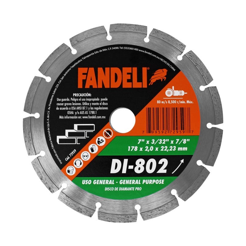 DISCO DIAMANTE SEGMENTADO 7" X 7/8" USO GENERAL DI-802 FANDELI 72959