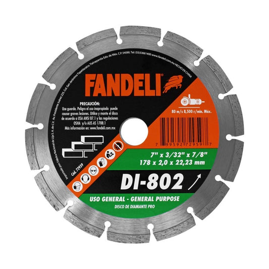 DISCO DIAMANTE SEGMENTADO 7" X 7/8" USO GENERAL DI-802 FANDELI 72959