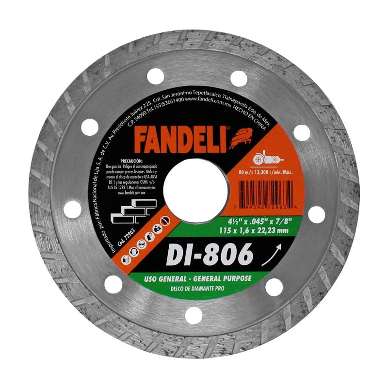 DISCO DIAMANTE TURBO 4-1/2" X 7/8" USO GENERAL DI-806 FANDELI 72963