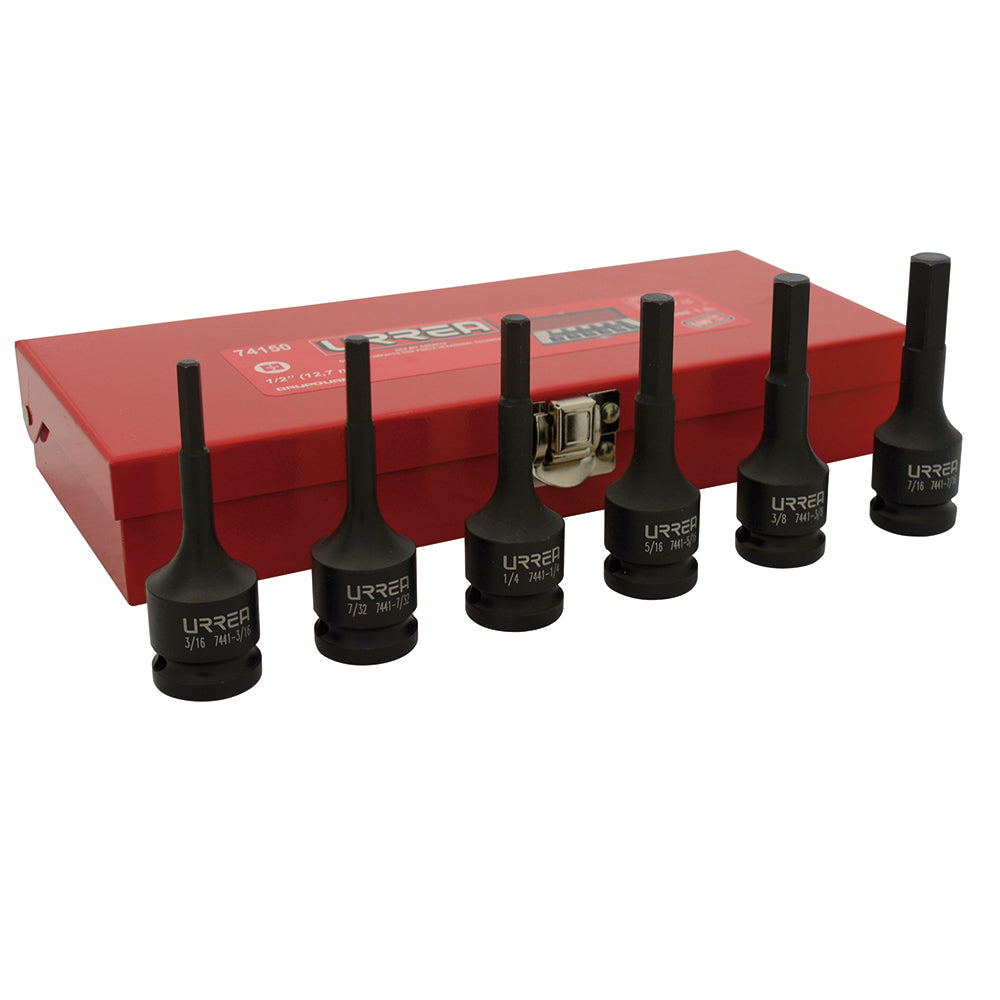 DADOS PUNTA HEXAGONAL IMPACTO 1/2" (JUEGO 6PZ) 3/16 - 7/16" LARGOS ESTUCHE URREA 74150