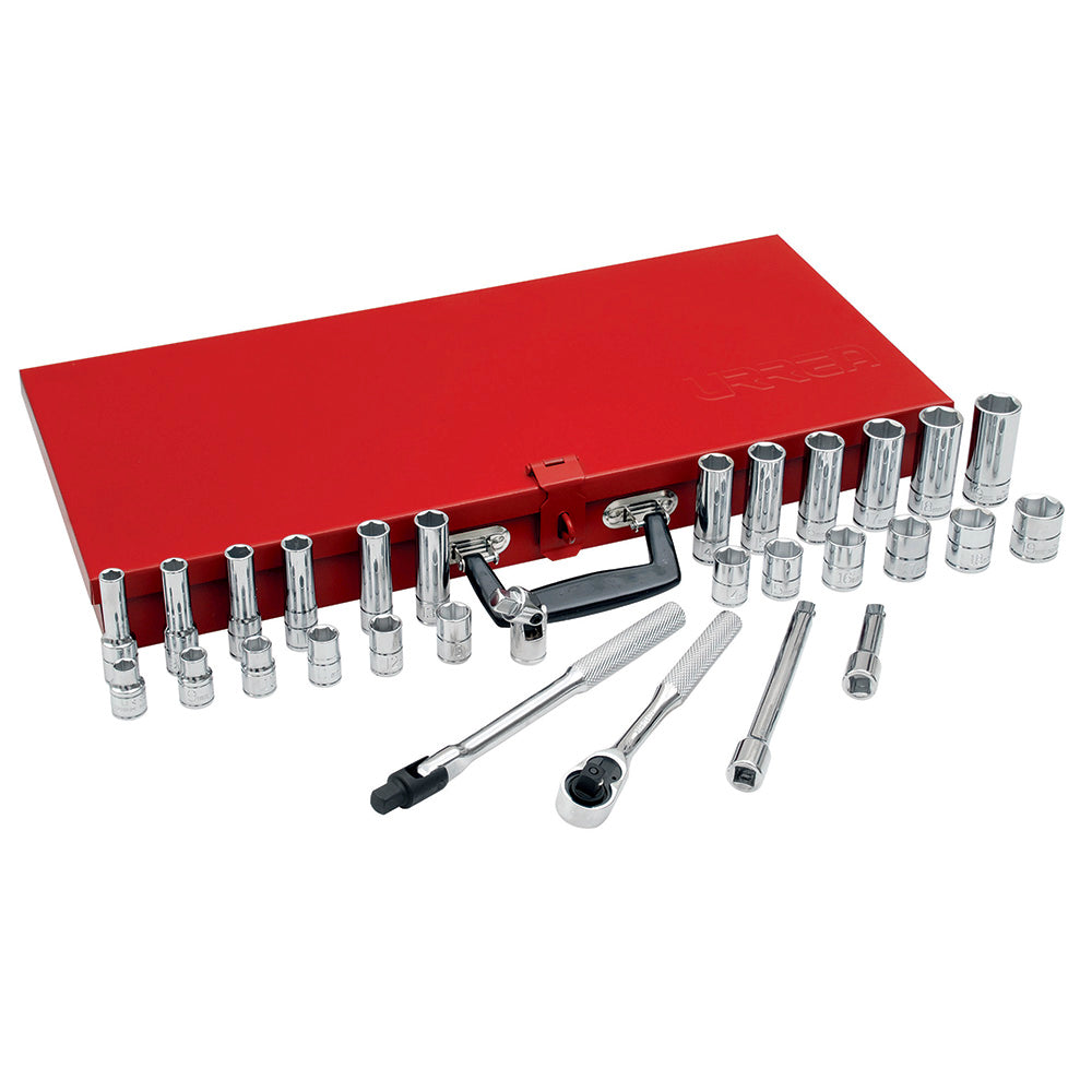 DADOS Y ACCESORIOS 3/8" (JUEGO 29PZ) LARGOS EN CAJA METAL URREA 52220