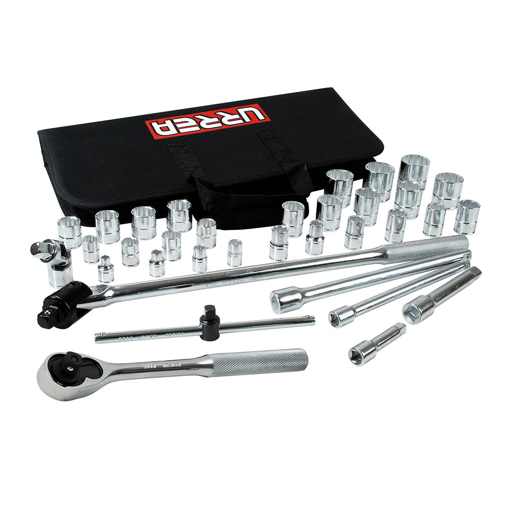 JUEGO DADOS Y ACCESORIOS 3/8" y 1/2" 12 PUNTAS PULGADAS (34PZAS) URREA 5452PT