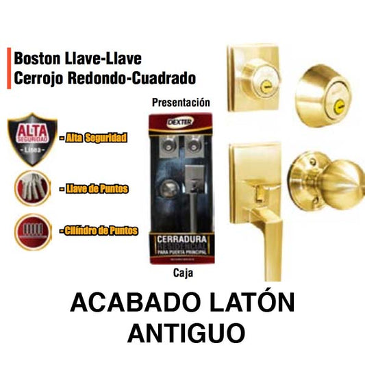 CERRADURA RESIDENCIAL BOSTON LLAVE-LLAVE LATON ANTIGUO DEXTER 6305