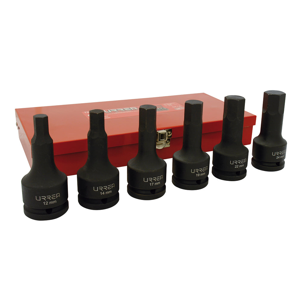 JUEGO DADOS IMPACTO CON ESTUCHE 3/4" HEXAGONAL LARGOS MILIMETRICOS (6PZAS) URREA 75250