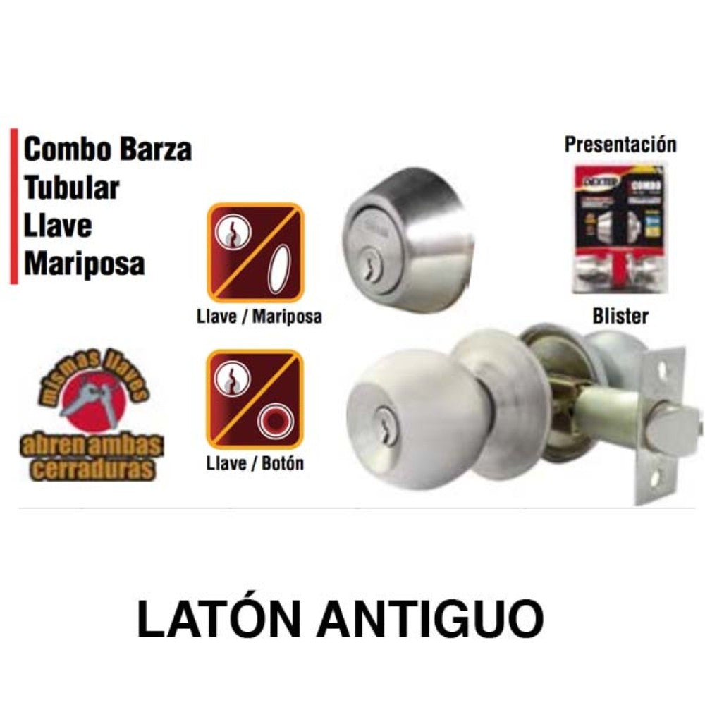 COMBO DE PERILLA Y CERROJO BARZA LLAVE-MARIPOSA LATON ANTIGUO DEXTER 6703