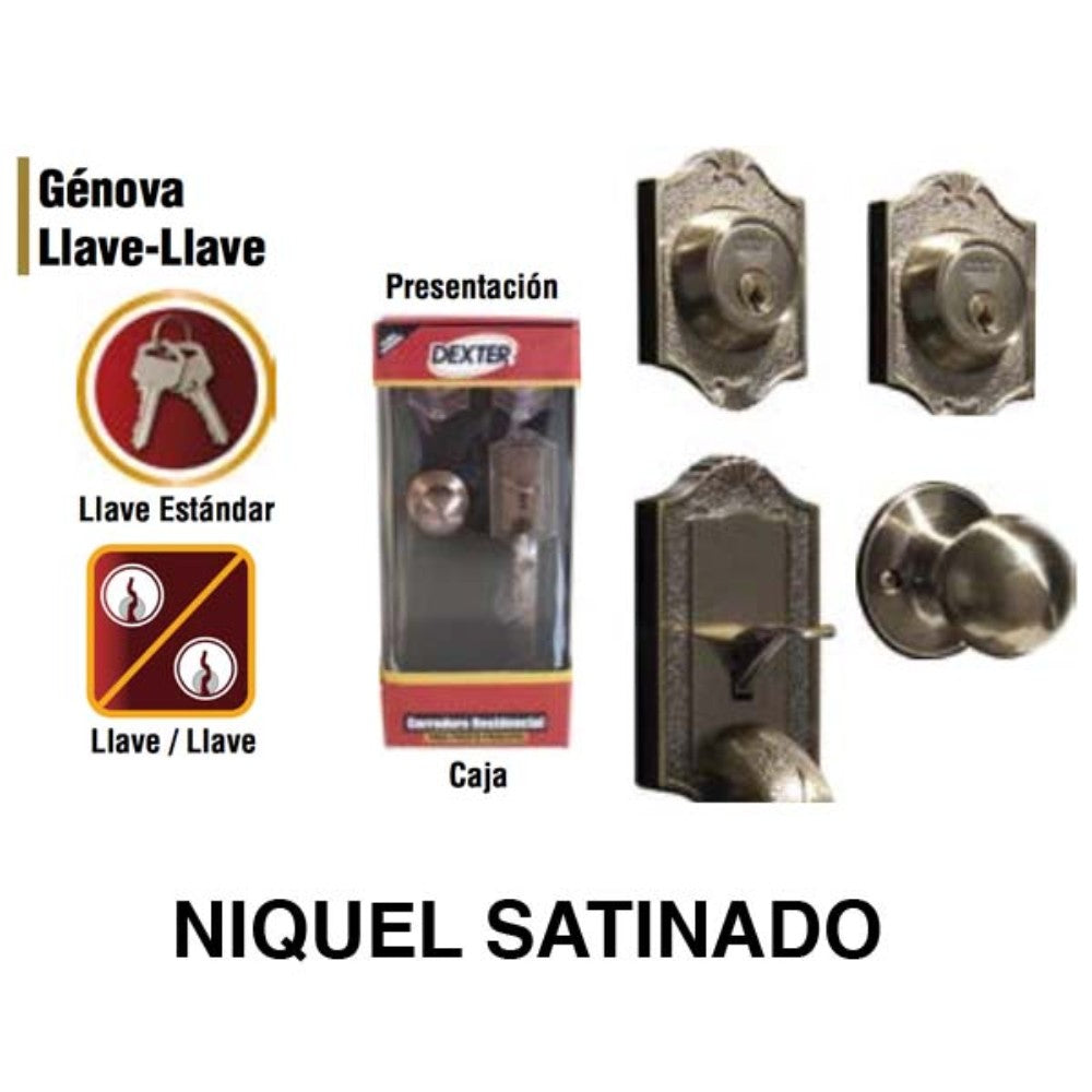 CERRADURAS DE GATILLO-PERILLA GENOVA ALTA SEGURIDAD NIQUEL SATINADO DEXTER 6755