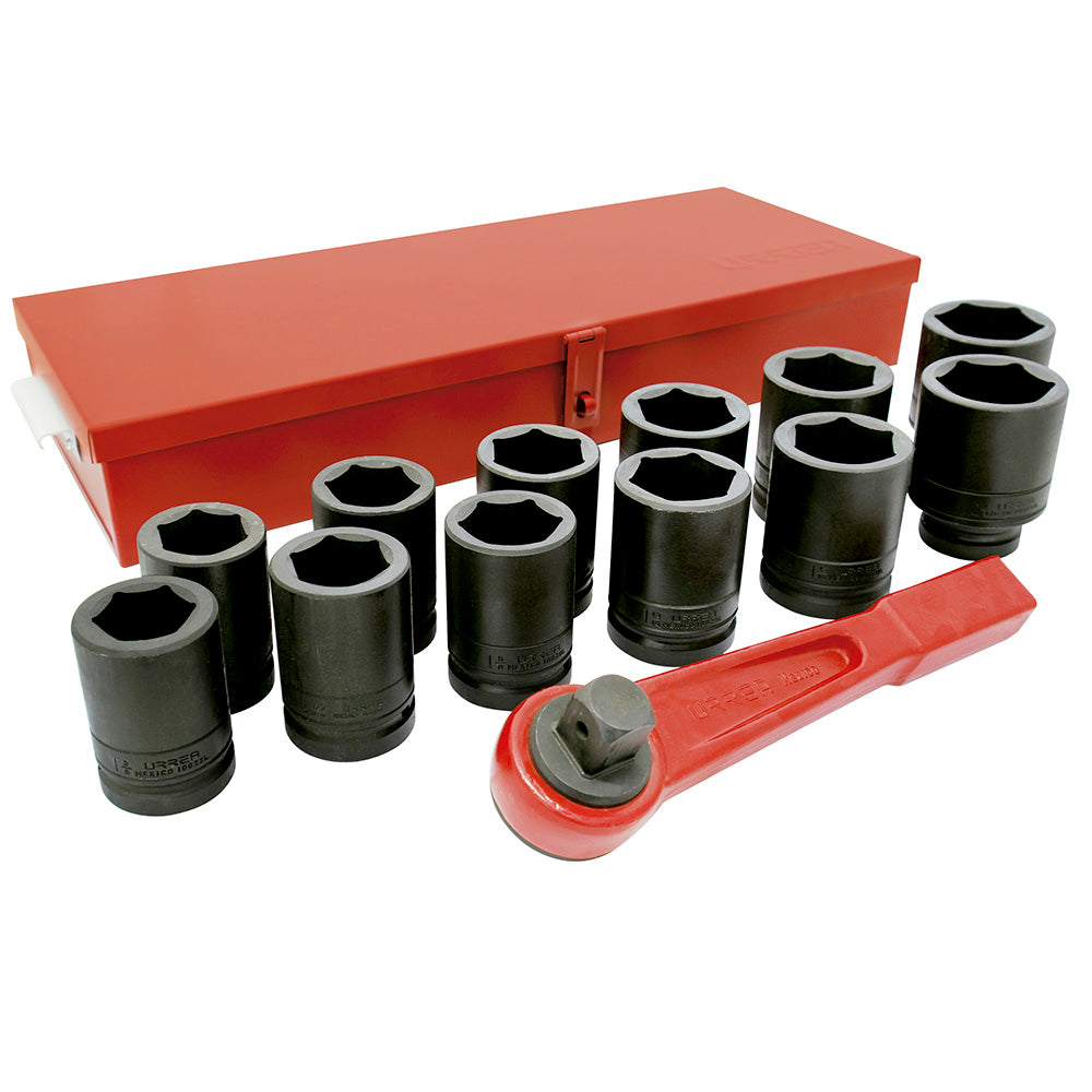 JUEGO DE 14 DADOS DE IMPACTO LARGOS Y ACCES. EN PULGADAS 1" (CON MANERAL) URREA 10000LH