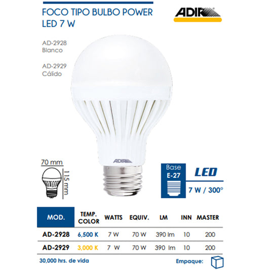 FOCO BULBO CON BASE PLASTICO 12W = 90W CALIDO ADIR 2929