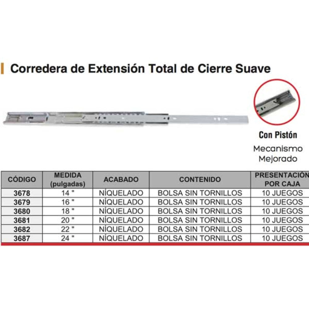 CORREDERAS (JUEGO) DE EXTENSION CIERRE SUAVE 24" NIQUELADO S/TORNILLO HANDYHOME 3687