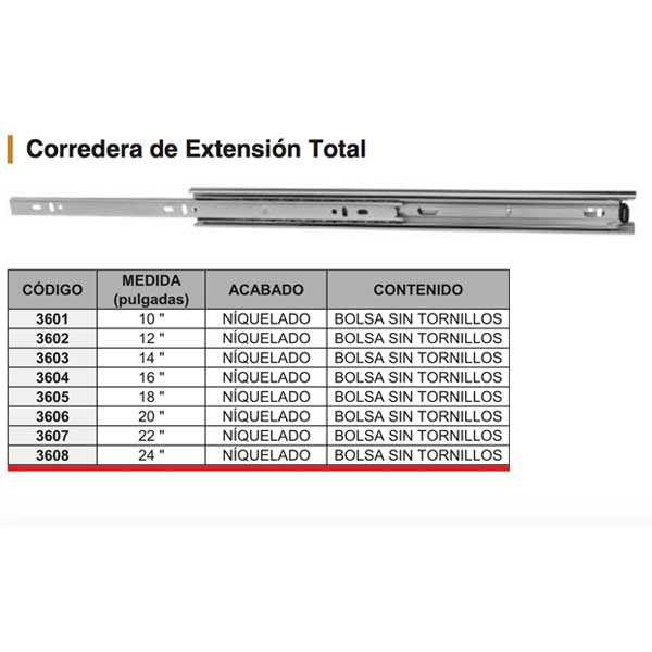 CORREDERAS (JUEGO) DE EXTENSION TOTAL 18" NIQUELADO S/TORNILLO HANDYHOME 3605